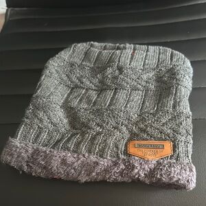 Gray Knit Beanie with Faux Fur Trim